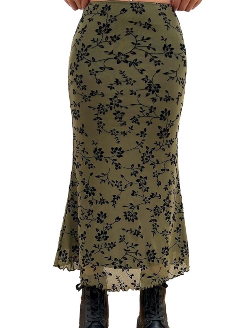 Amazon Olive Green Maxi Skirt with Black Floral Print